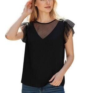 PAIGE Black Swiss Dot Mesh V-Neck Flutter Sleeve‎ Blouse Womens Medium M Rayon